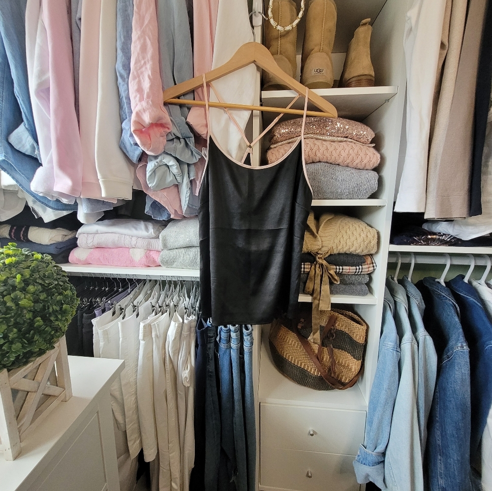 Victoria Secret Satin Camisole - Light Pink Trim on Black - Size Large